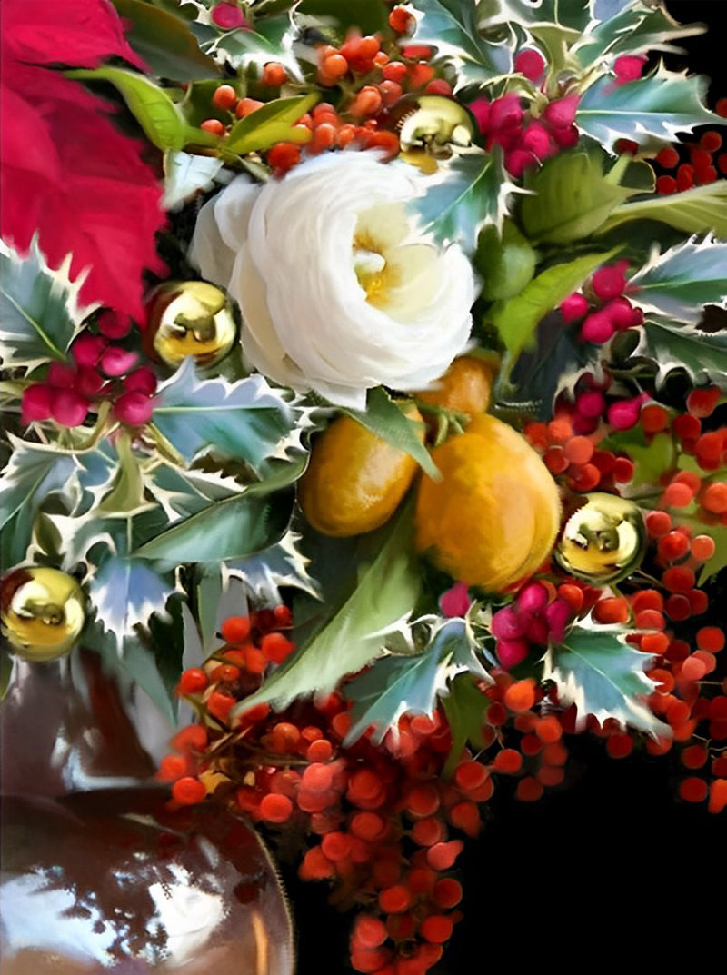 Fleur Blanche et Petits Fruits Rouges Broderie Diamant