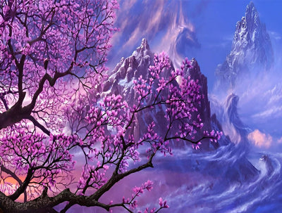 Fleurs Arbre et Montagnes Broderie Diamant