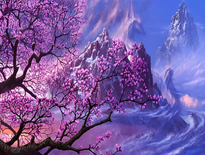 Fleurs Arbre et Montagnes Broderie Diamant