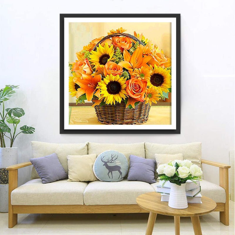 Fleurs aux Tons Chauds dans un Panier Broderie Diamant
