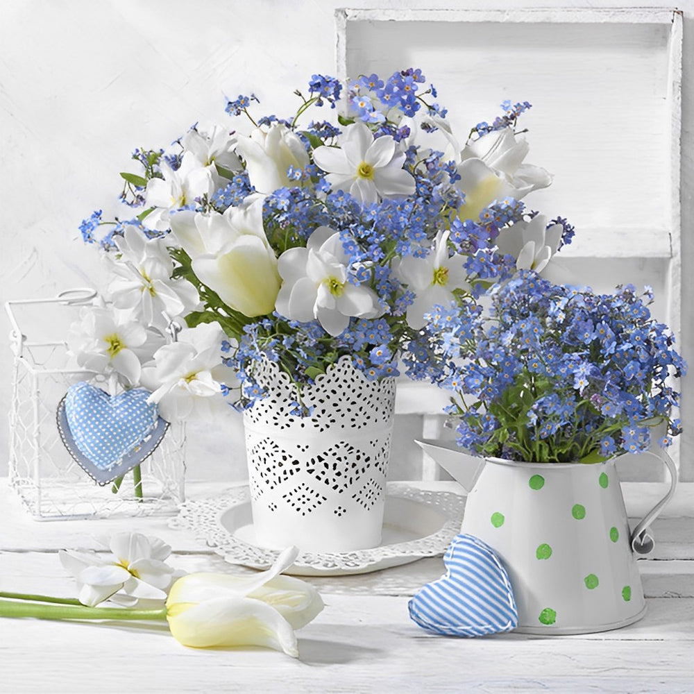 Fleurs Blanches et Bleues Broderie Diamant