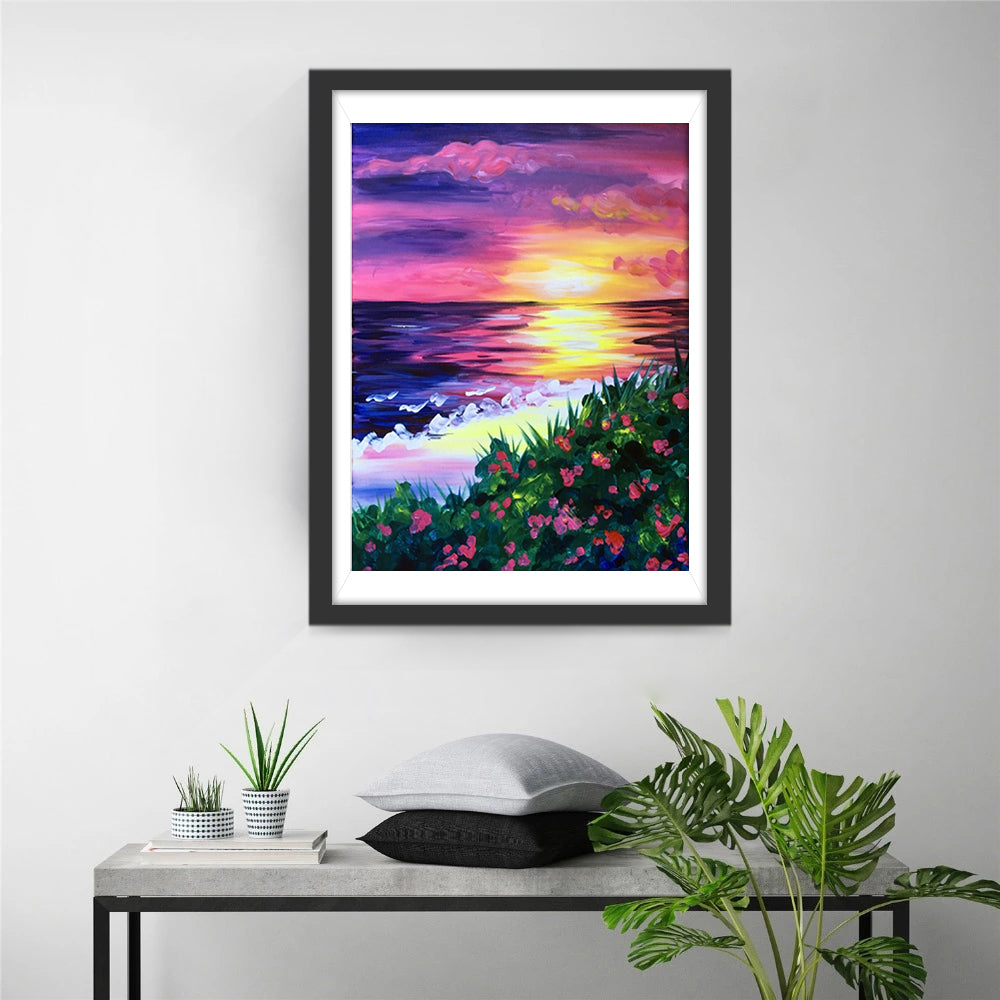 Fleurs et la Mer sous le Soleil Couchant Broderie Diamant