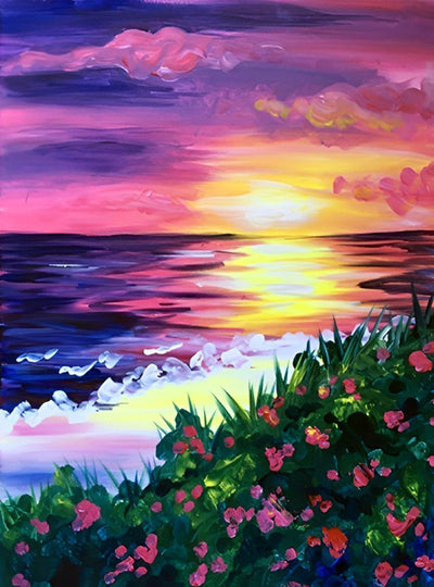 Fleurs et la Mer sous le Soleil Couchant Broderie Diamant