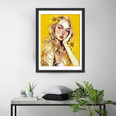 Fleurs Jaunes et Fille aux Cheveux Blonds Broderie Diamant