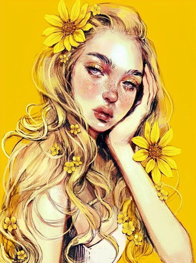 Fleurs Jaunes et Fille aux Cheveux Blonds Broderie Diamant