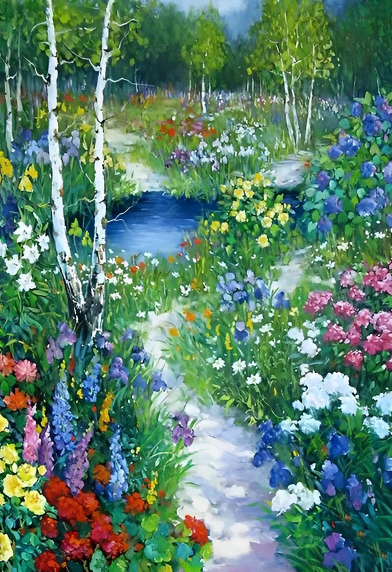 Fleurs Multicolores et les Arbres Broderie Diamant