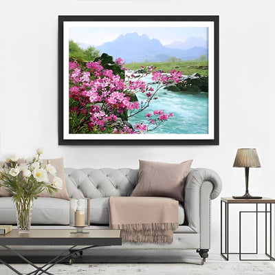 Fleurs Roses au Bord de la Rivière Broderie Diamant