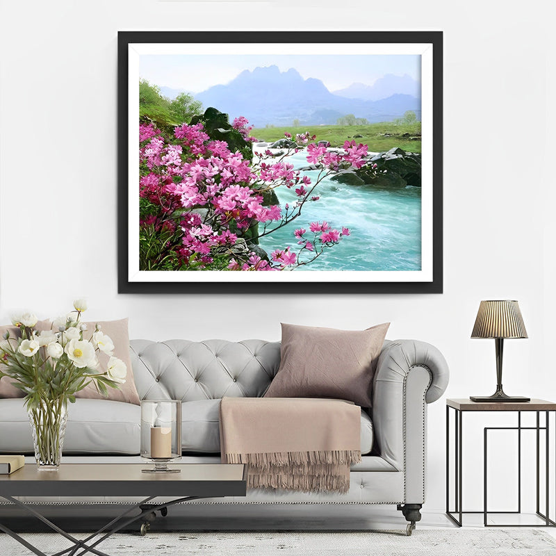 Fleurs Roses au Bord de la Rivière Broderie Diamant