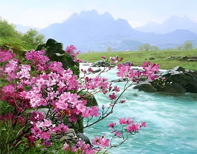 Fleurs Roses au Bord de la Rivière Broderie Diamant