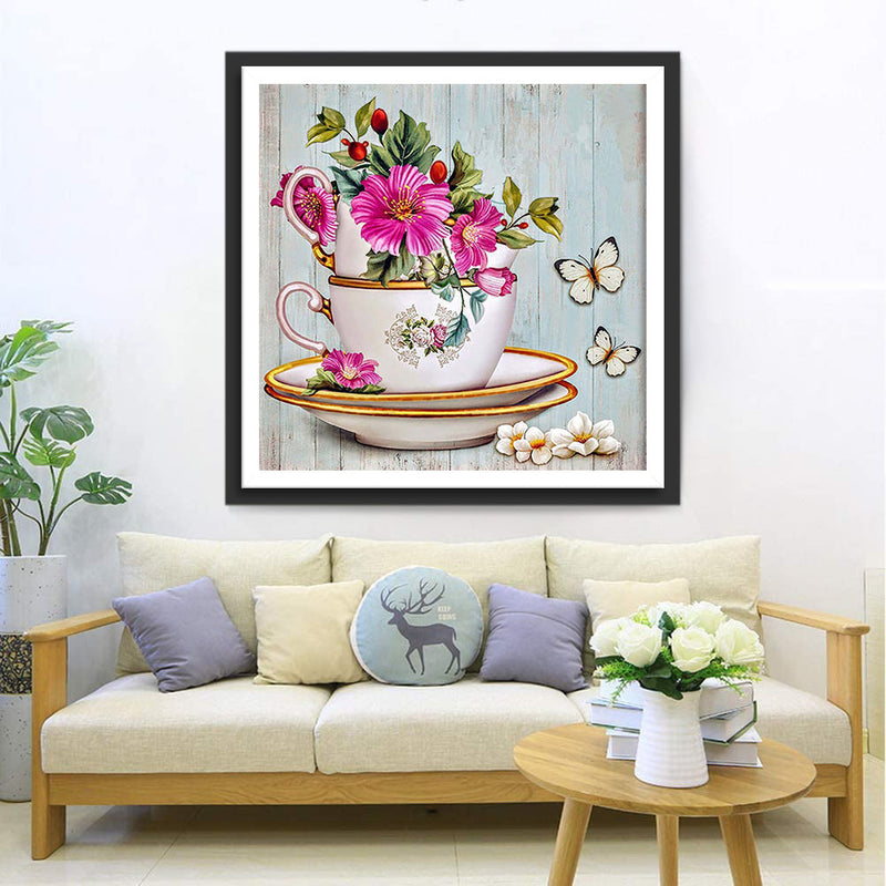 Fleurs Roses et Papillon Blanc Broderie Diamant