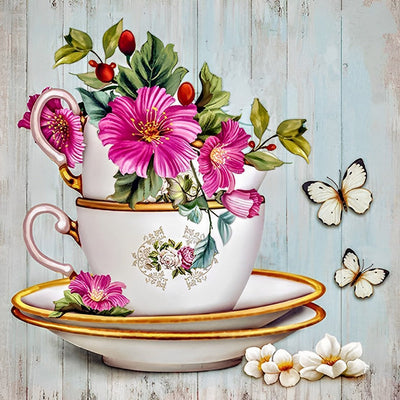 Fleurs Roses et Papillon Blanc Broderie Diamant