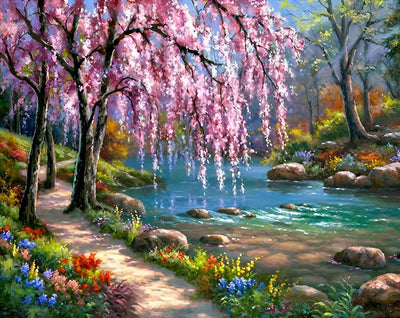 Forêt de Pêchers et Petit Ruisseau Broderie Diamant