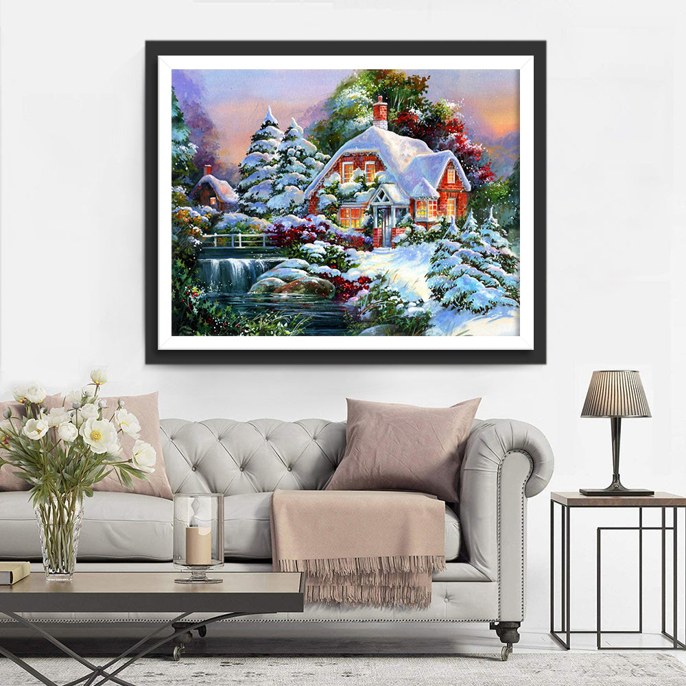 Forêt de Sapins Enneigée et Chalet Broderie Diamant