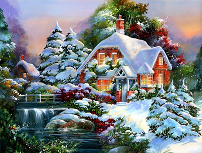Forêt de Sapins Enneigée et Chalet Broderie Diamant