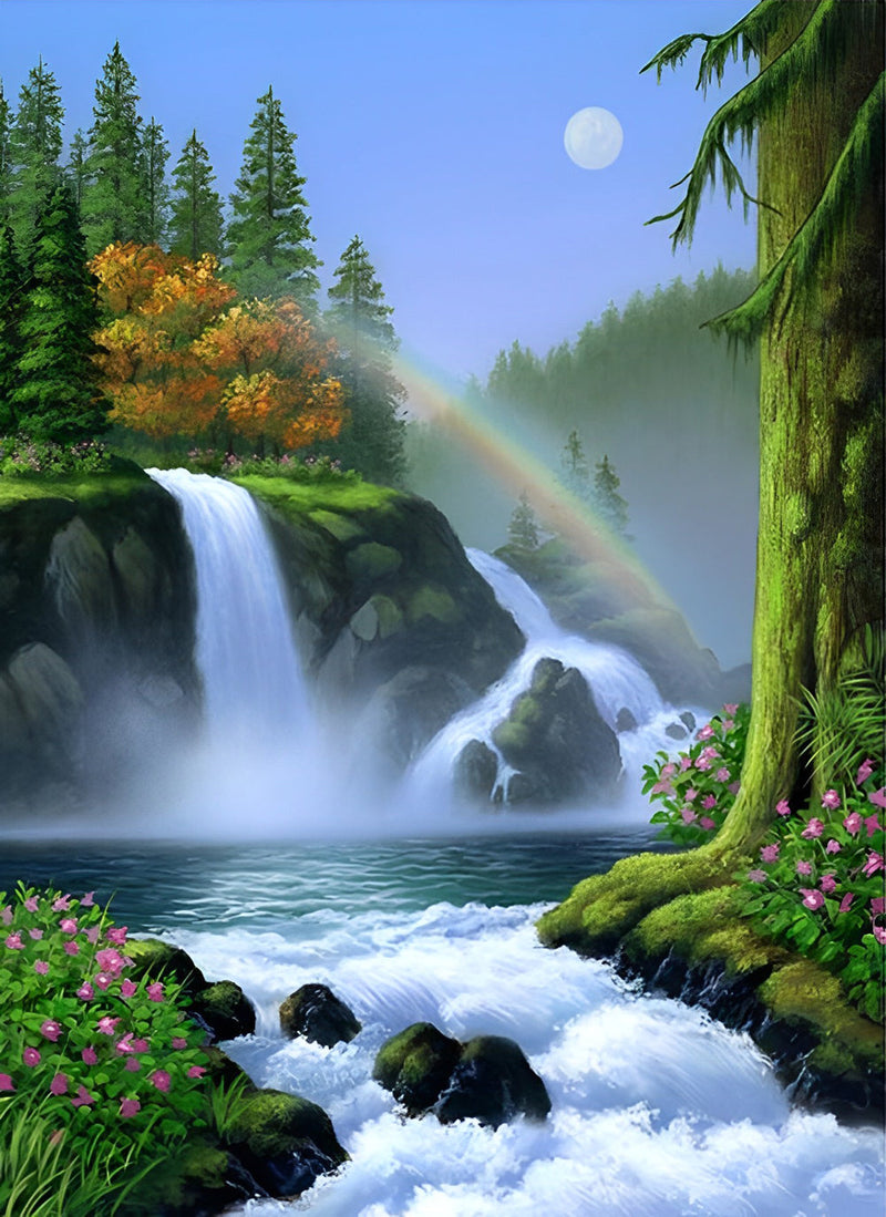 Forêt et Chute avec Arc-en-Ciel Broderie Diamant