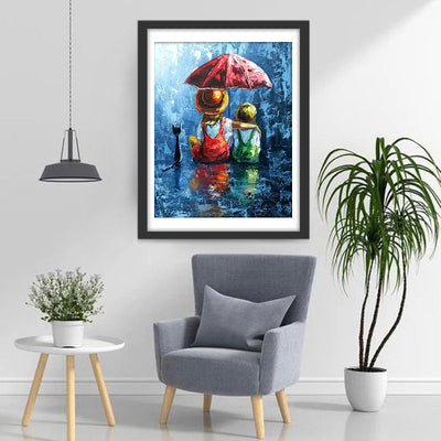 Frère et Sœur sous la Pluie avec un Chat Noir Broderie Diamant