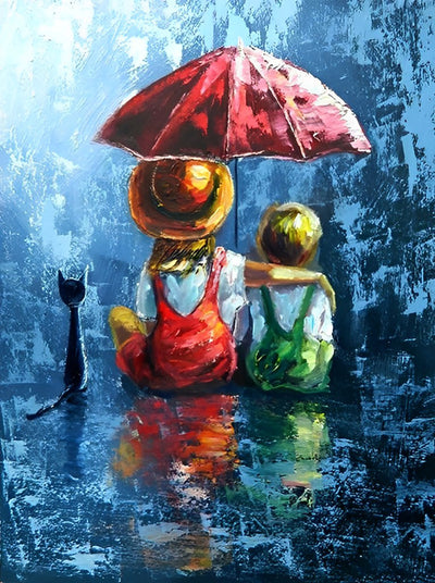 Frère et Sœur sous la Pluie avec un Chat Noir Broderie Diamant
