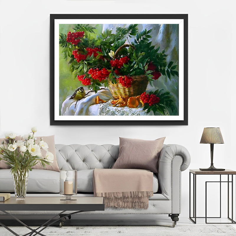 Fruits Rouges, Mésange et Champignons Broderie Diamant