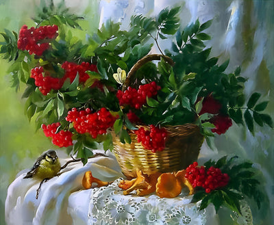 Fruits Rouges, Mésange et Champignons Broderie Diamant