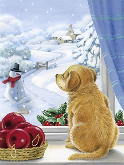 Golden Retriever Regardant le Bonhomme de Neige à l’Extérieur Broderie Diamant