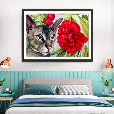 Grand Chat Gris et Pivoines Rouges Broderie Diamant