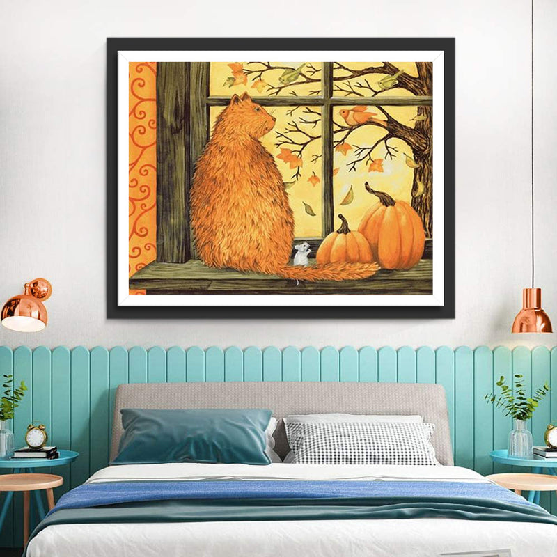 Grand Chat Orange et Petite Souris devant la Fenêtre Broderie Diamant