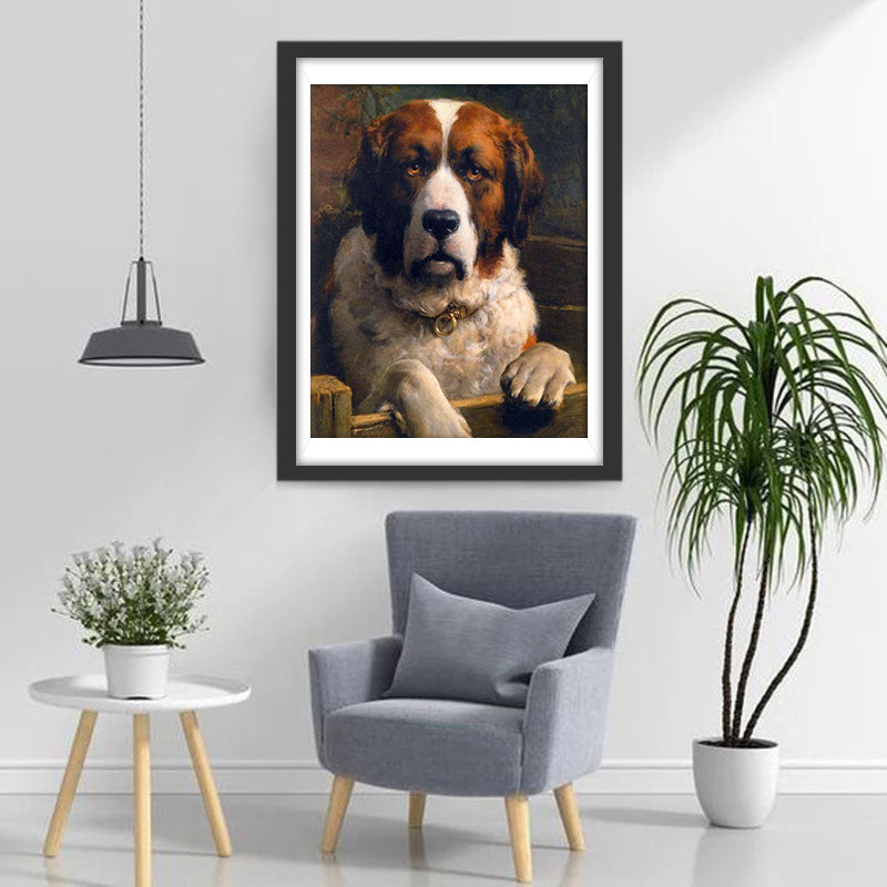 Grand Chien Marron et Blanc Sérieux Broderie Diamant