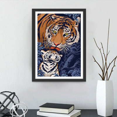 Grand Tigre Léchant le Petit Tigre Broderie Diamant