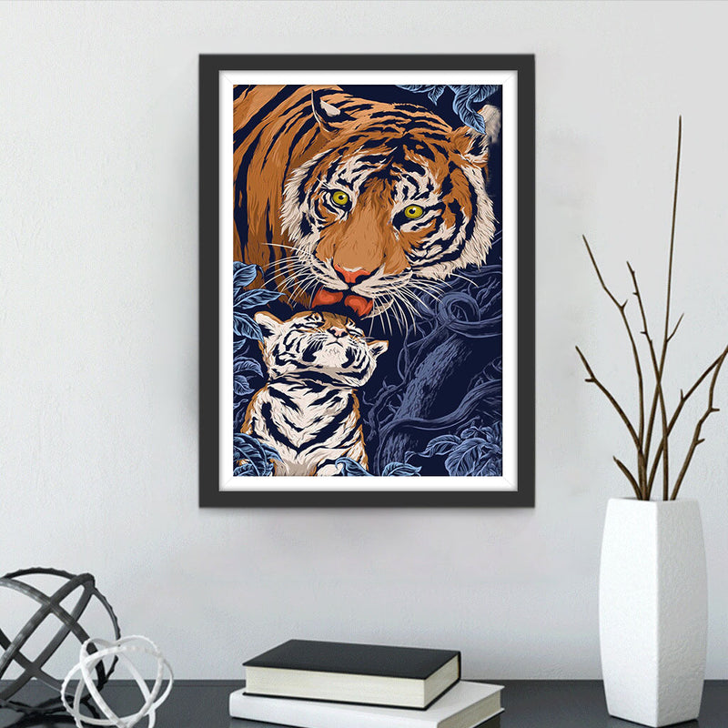 Grand Tigre Léchant le Petit Tigre Broderie Diamant