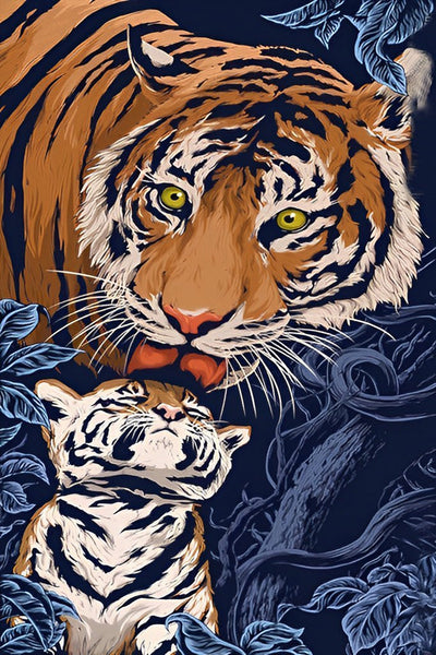 Grand Tigre Léchant le Petit Tigre Broderie Diamant