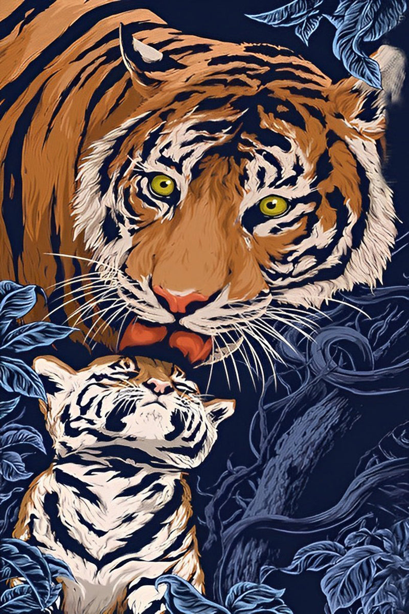 Grand Tigre Léchant le Petit Tigre Broderie Diamant