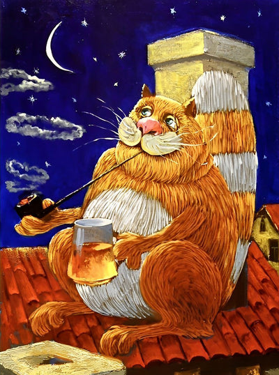 Gros Chat Roux sur le Toit Broderie Diamant
