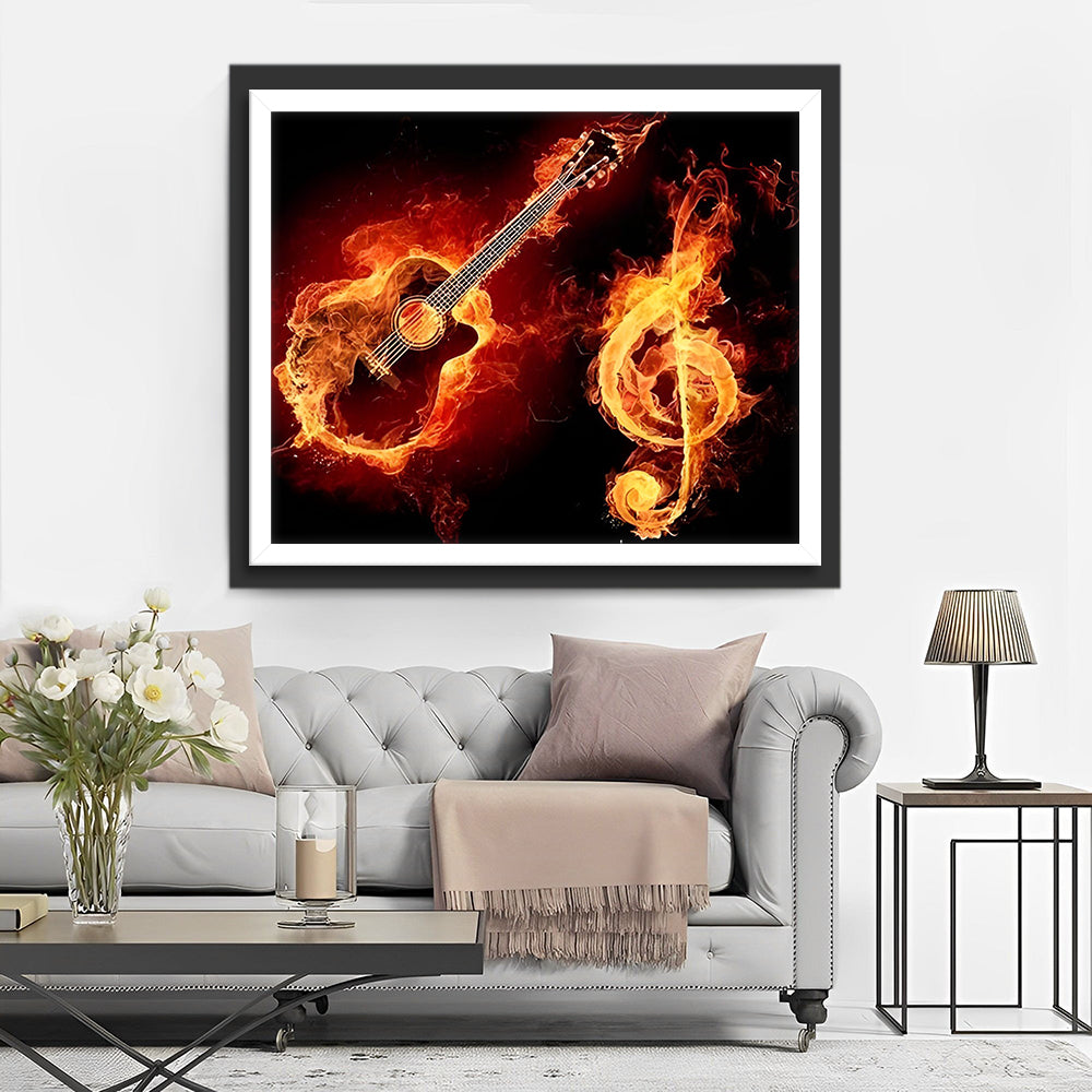 Guitare et Clef de Sol Enflammés Broderie Diamant