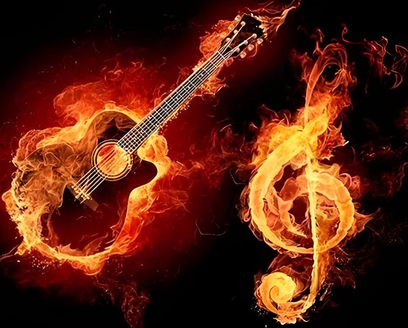 Guitare et Clef de Sol Enflammés Broderie Diamant