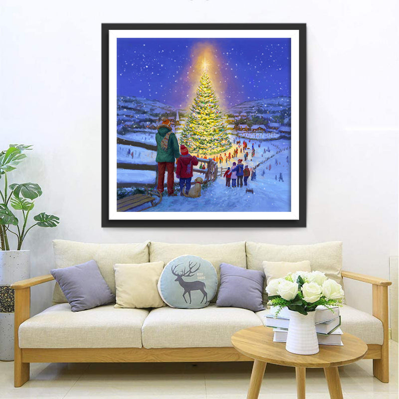 Habitants de la Village et le Grand Sapin de Noël Broderie Diamant