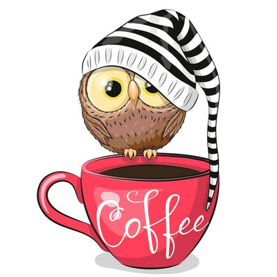 Hibou au Bonnet Rayé Noir et Blanc et Café Broderie Diamant