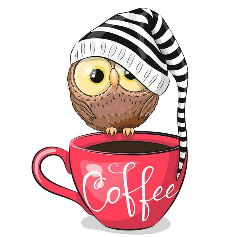 Hibou au Bonnet Rayé Noir et Blanc et Café Broderie Diamant