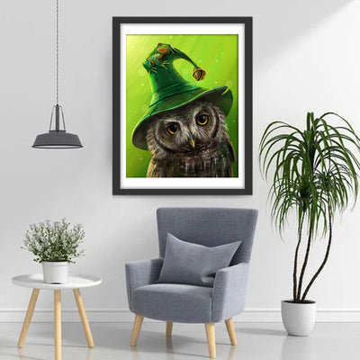Hibou au Chapeau de Sorcier Vert Broderie Diamant