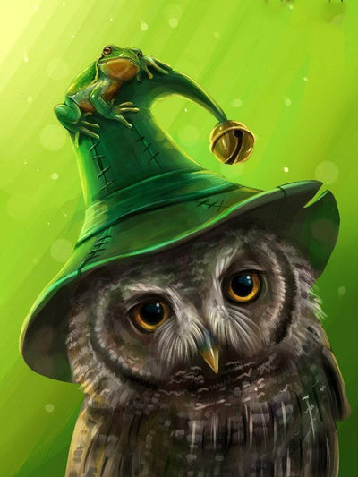 Hibou au Chapeau de Sorcier Vert Broderie Diamant