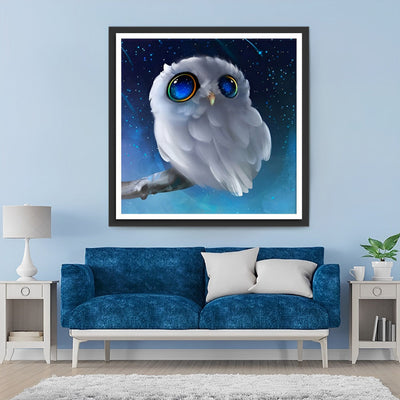 Hibou Blanc aux Yeux Bleus Broderie Diamant