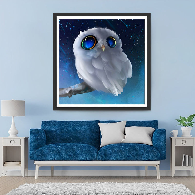 Hibou Blanc aux Yeux Bleus Broderie Diamant