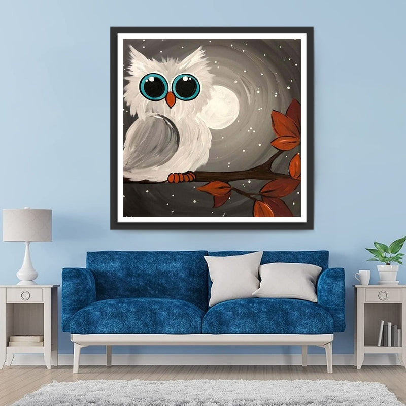 Hibou Blanc aux Yeux Bleus et Noirs Broderie Diamant