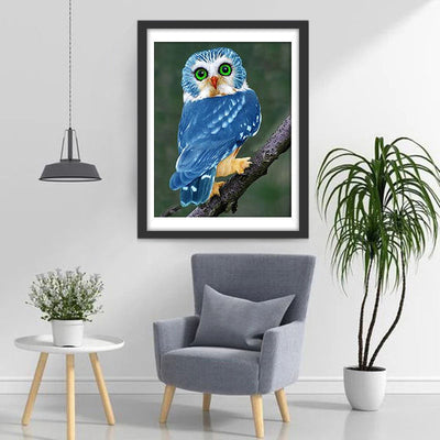 Hibou Bleu aux Yeux Verts Broderie Diamant