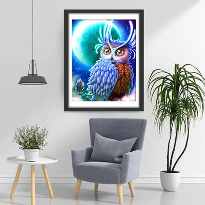 Hibou Bleu et Rouge avec la Lune Broderie Diamant