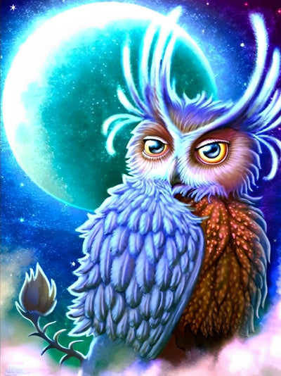 Hibou Bleu et Rouge avec la Lune Broderie Diamant