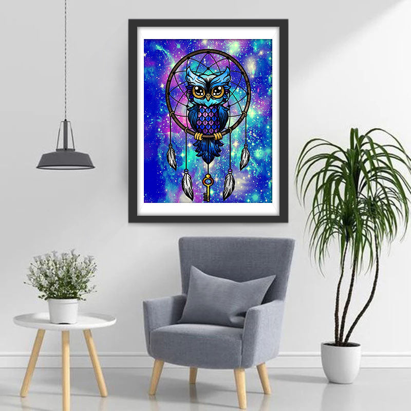 Hibou Bleu sur Capteur de Rêves Broderie Diamant