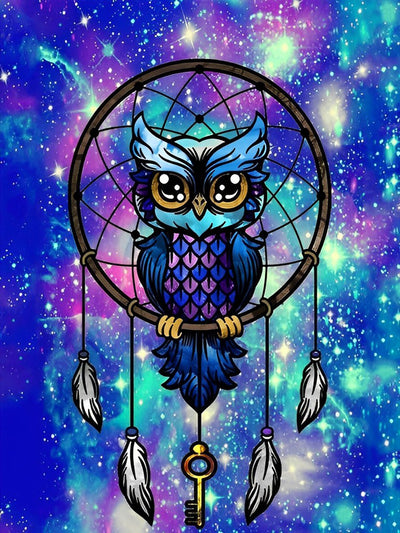 Hibou Bleu sur Capteur de Rêves Broderie Diamant
