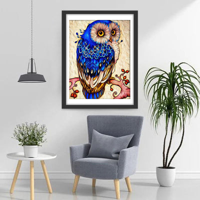 Hibou Bleu sur la Branche Broderie Diamant