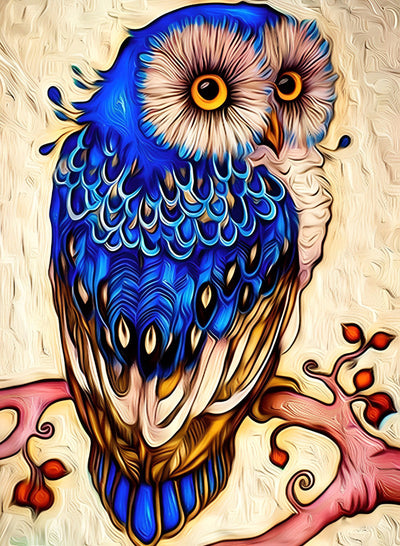 Hibou Bleu sur la Branche Broderie Diamant