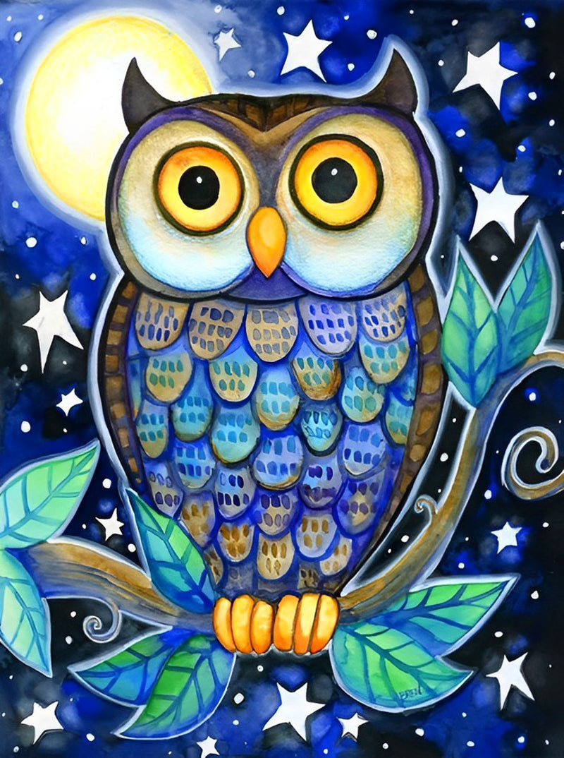 Hibou Cartoon et la Lune Broderie Diamant